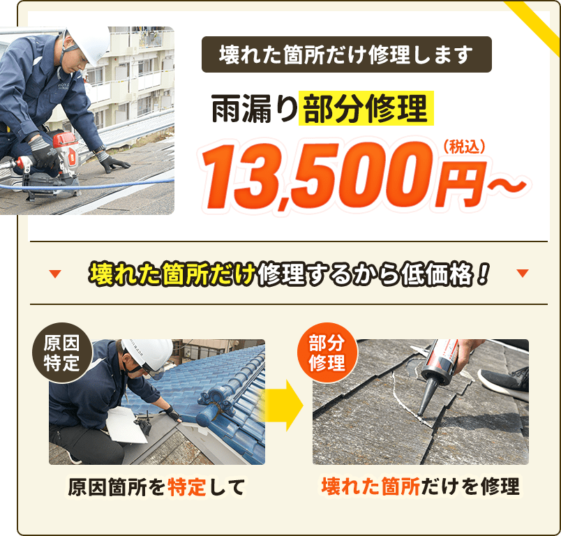 雨漏り部分修理13,500円（税込）から。壊れた箇所だけ修理するから低価格。