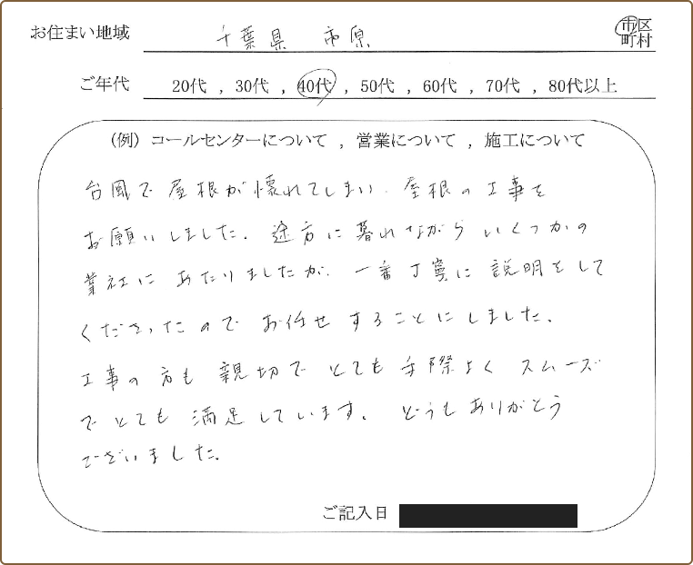 千葉県市原市にお住まいの方からいただいたアンケート